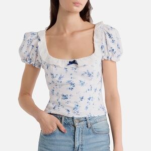 NEW REFORMATION White Blue COTTON Alice LACE TRIM Puff Sleeve PRAIRIE Crop TOP 2
